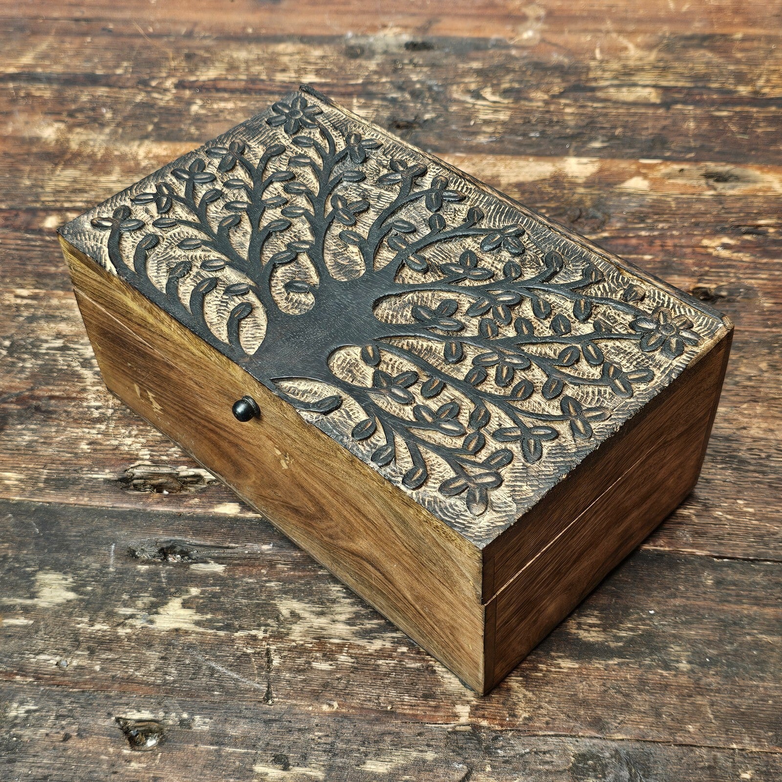 Handmade Decorative Wooden Jewelry Box Tree Of Life Carving 10"L x 6"D x 4.25"H