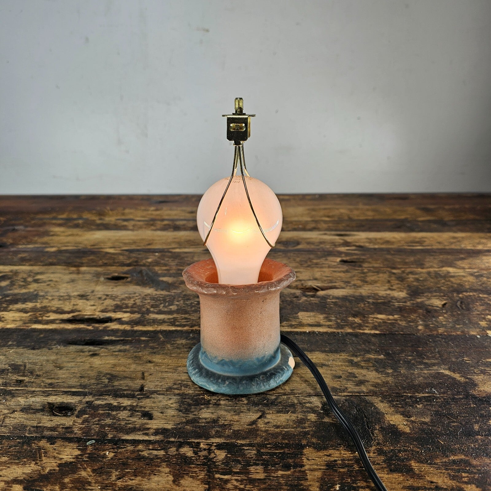 Small Pottery Table Lamp With Metal Shade 8.5"H (Has Damage)