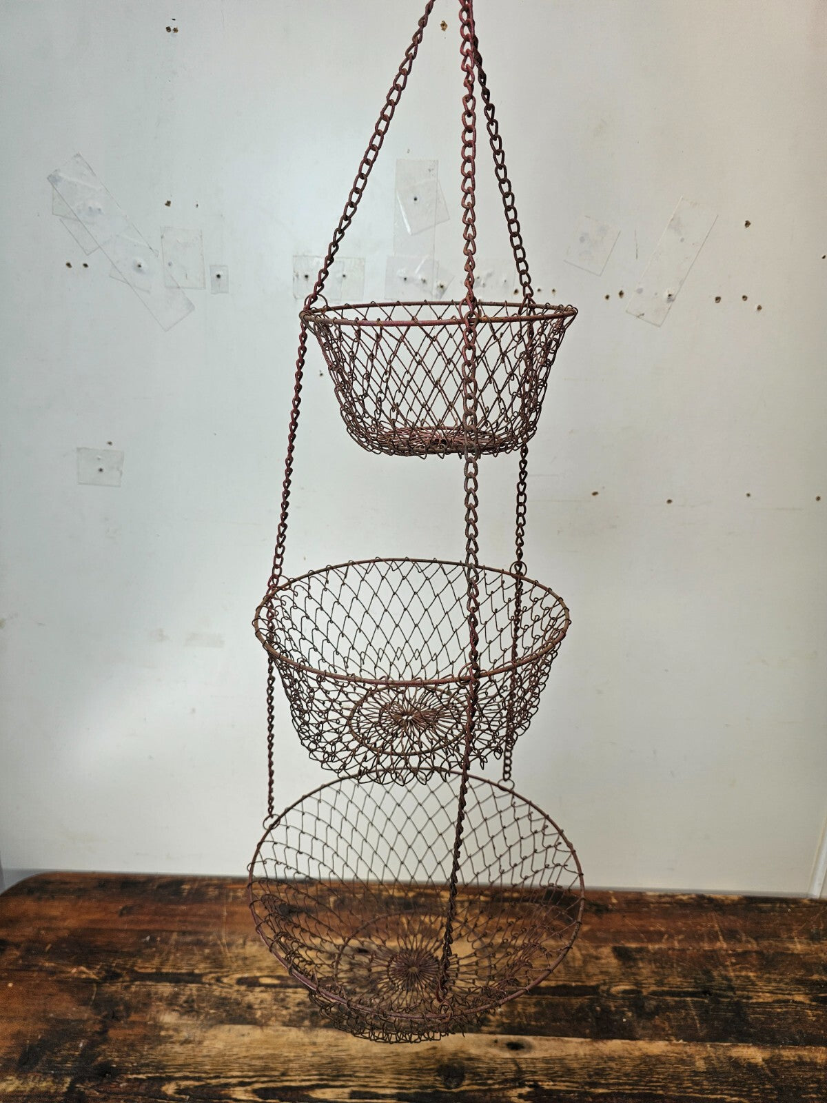 Vintage Rusty 3 Tier Metal  Wire Hanging  Basket Collapsible