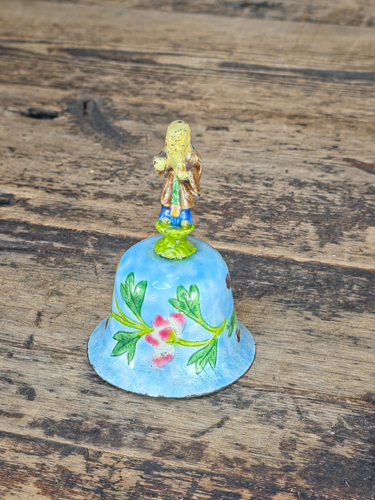 Vintage Hand Painted Enamel Metal Bell with Figure Handle, Marked CHINA