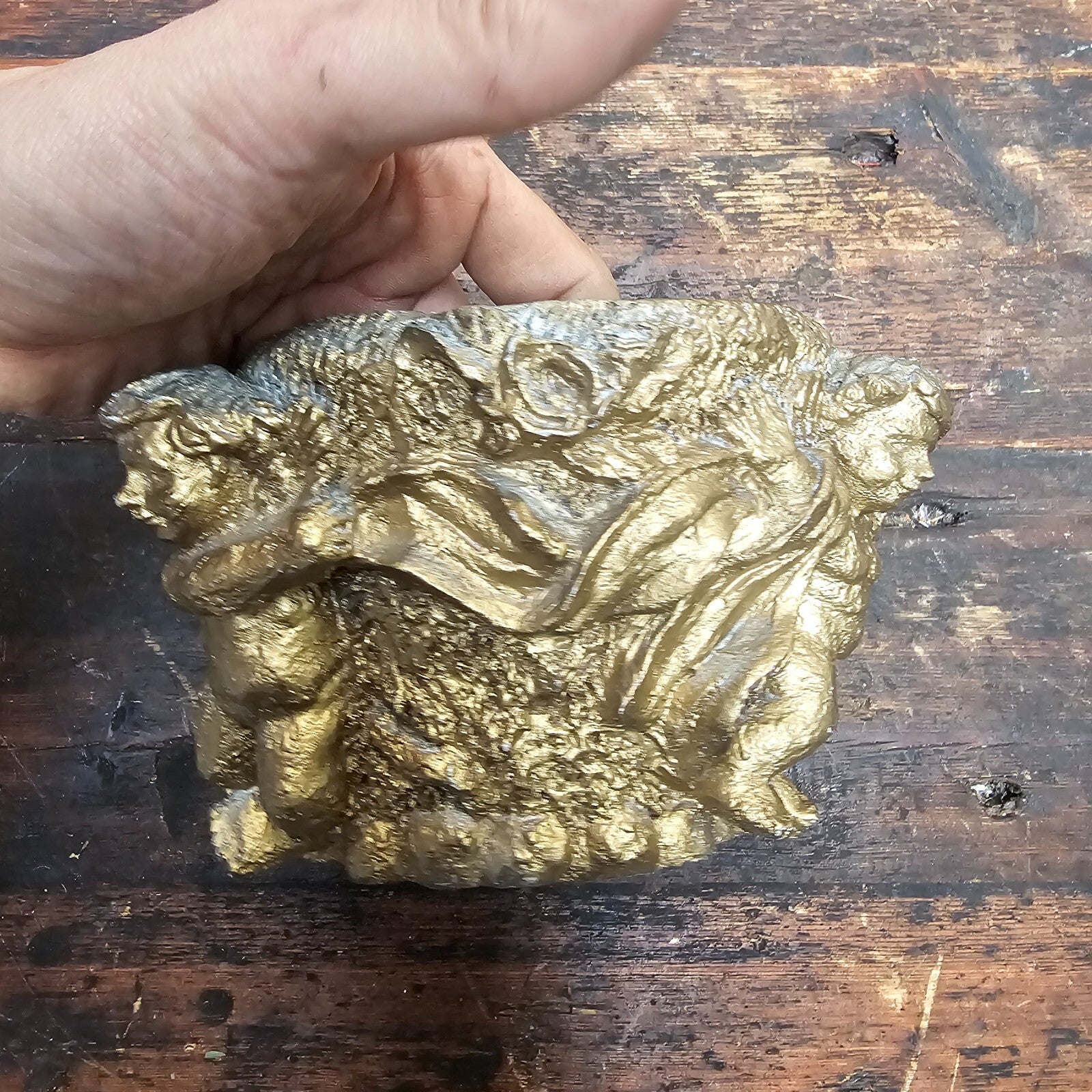 Vintage Gold Cherubs Candle Holder Planter Trinket 7" Dia x 4.5" H