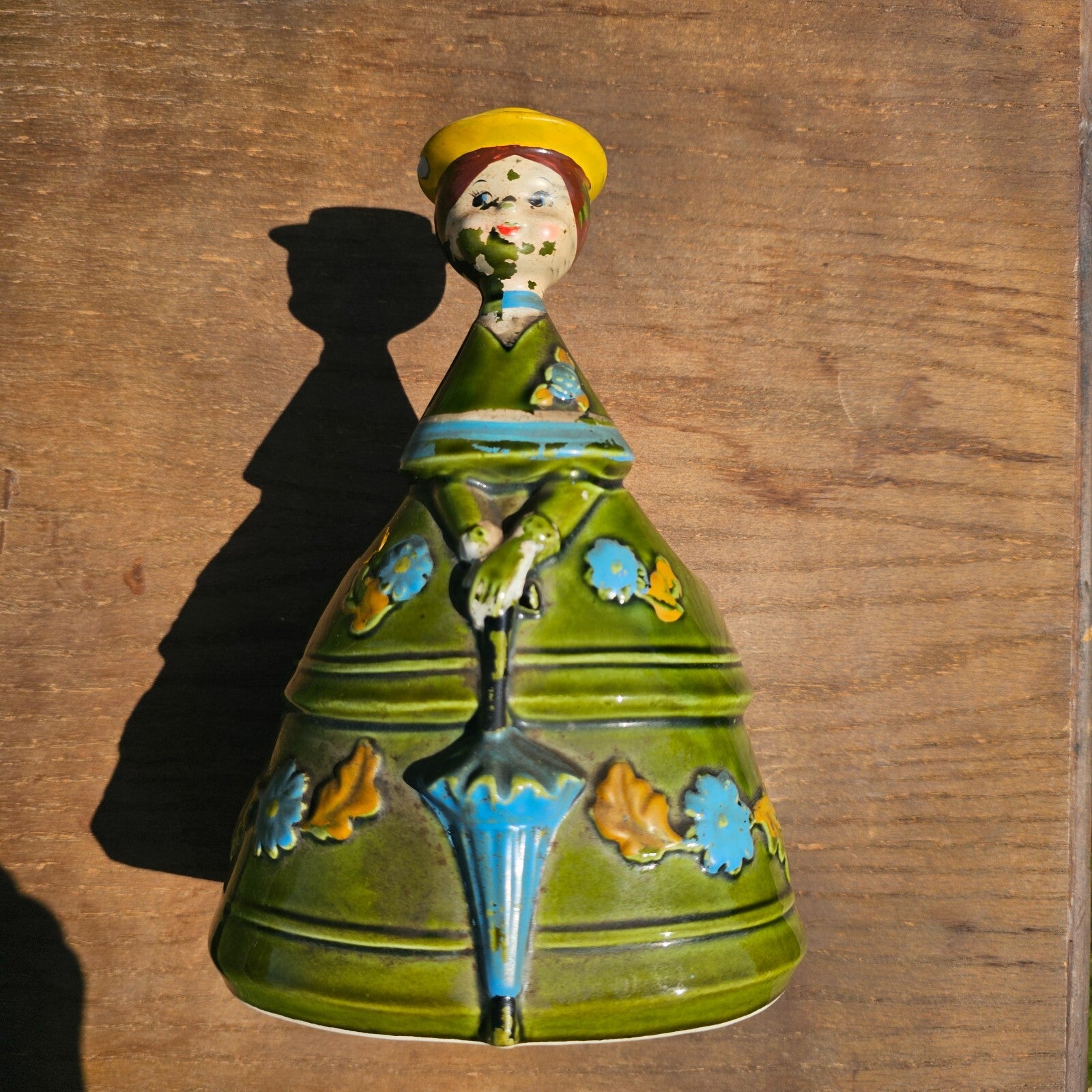 Vintage Ceramic Planter Women With Yellow Hat Holding Umbrella Lego Japan