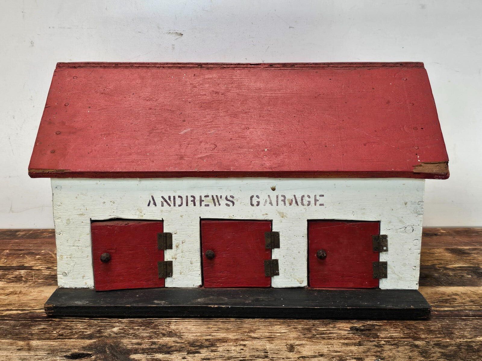 Vintage Folk Art "Andrew's Garage" Wooden 3-Bay Garage Model, 1970s