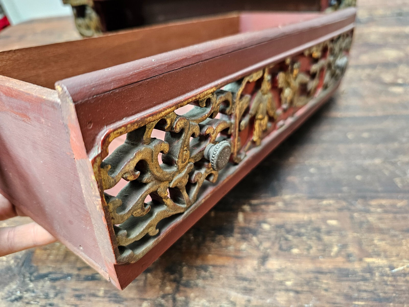 Antique Chinese Red & Gilt Carved Wood Chest Box