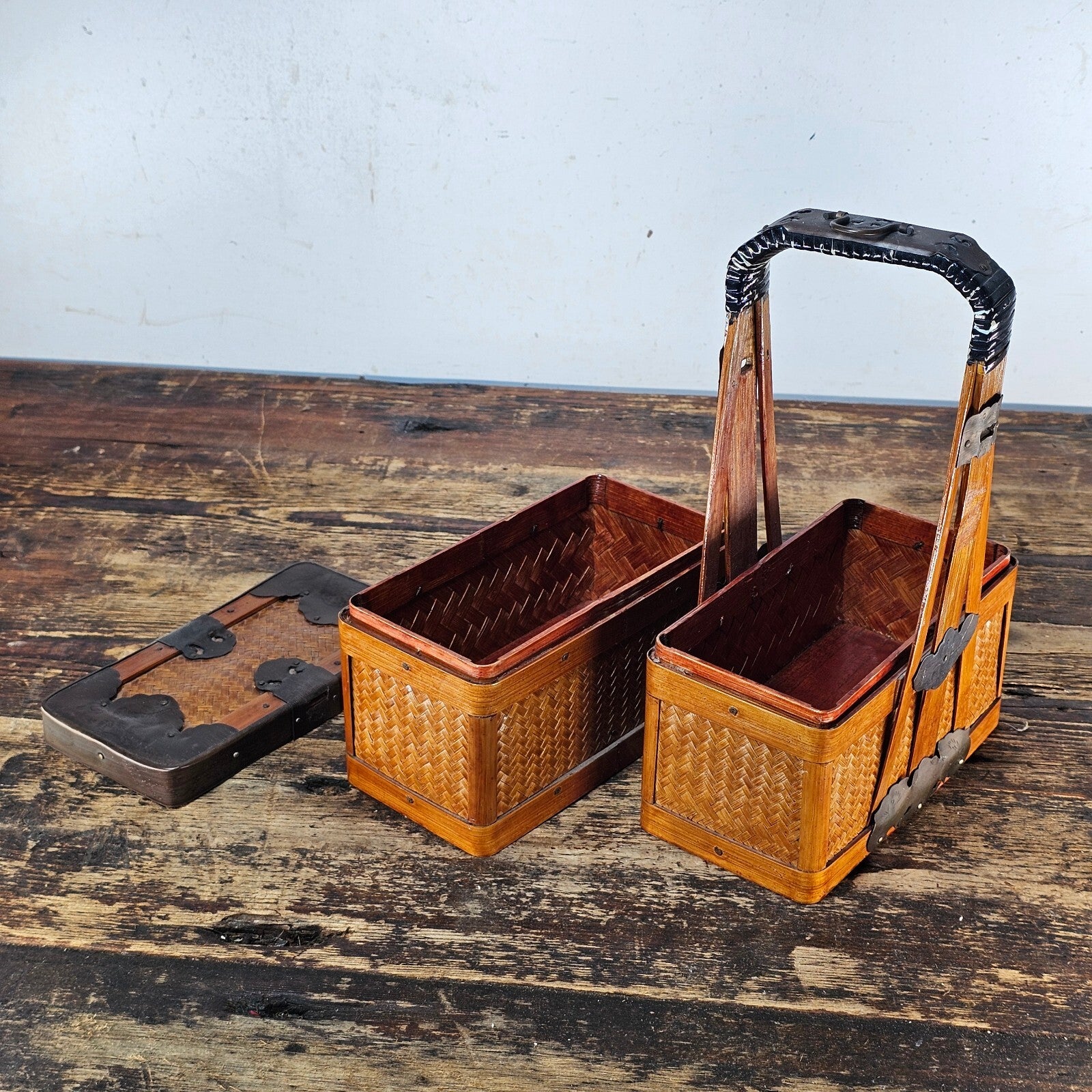 Antique Woven Bamboo Tiered Chinese Wedding Basket