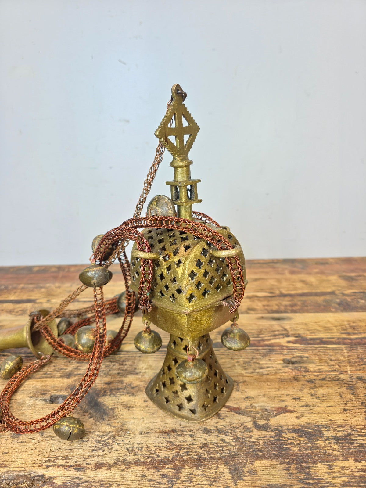Vintage Ethiopian Coptic Brass Processional Incense Burner — 30" — Bells & Chain