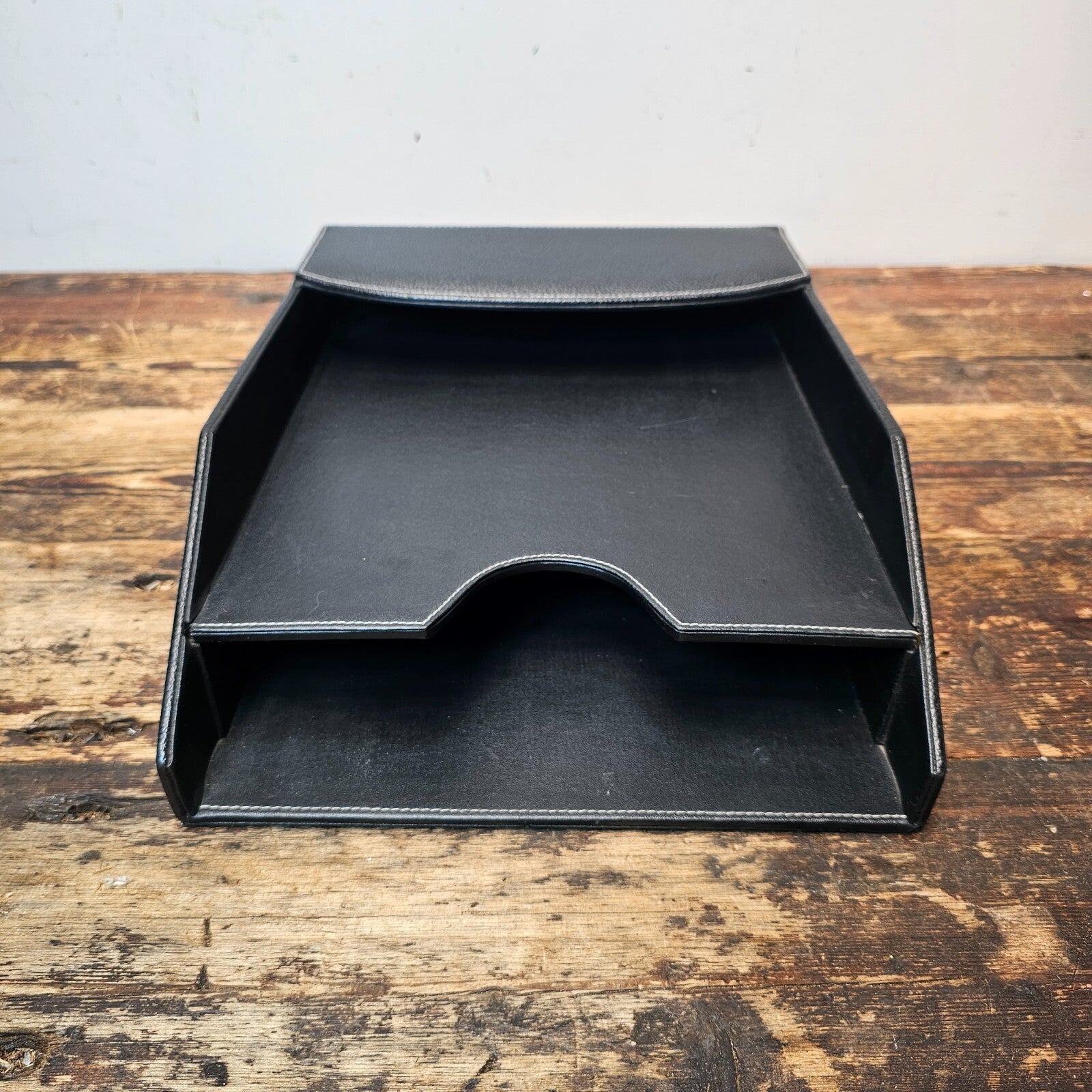 Black Leather Style Letter / Paper Tray Desk Organizer 13"L x 10"W x 4"H