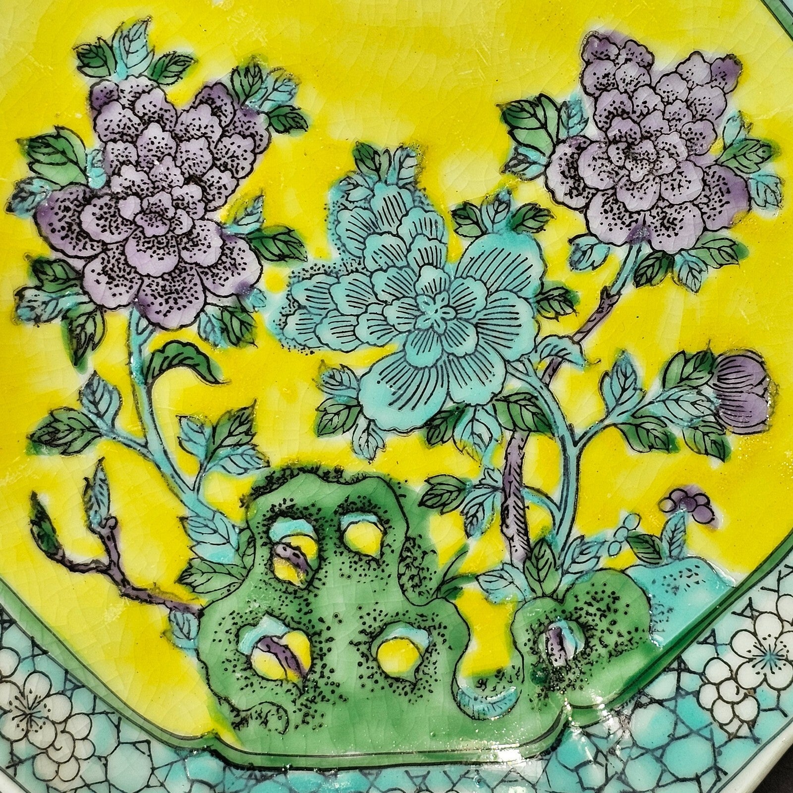 Vintage Hong Kong Hand-Painted Floral Octagonal Ashtray 6.25" x 6.25"