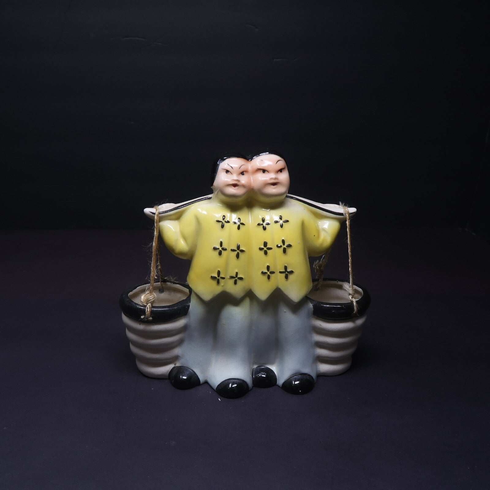 Vintage Chinese Ceramic Figurine Carrying Water Yoke With Buckets