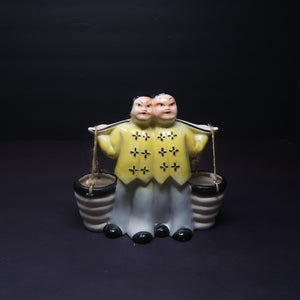 Vintage Chinese Ceramic Figurine Carrying Water Yoke With Buckets