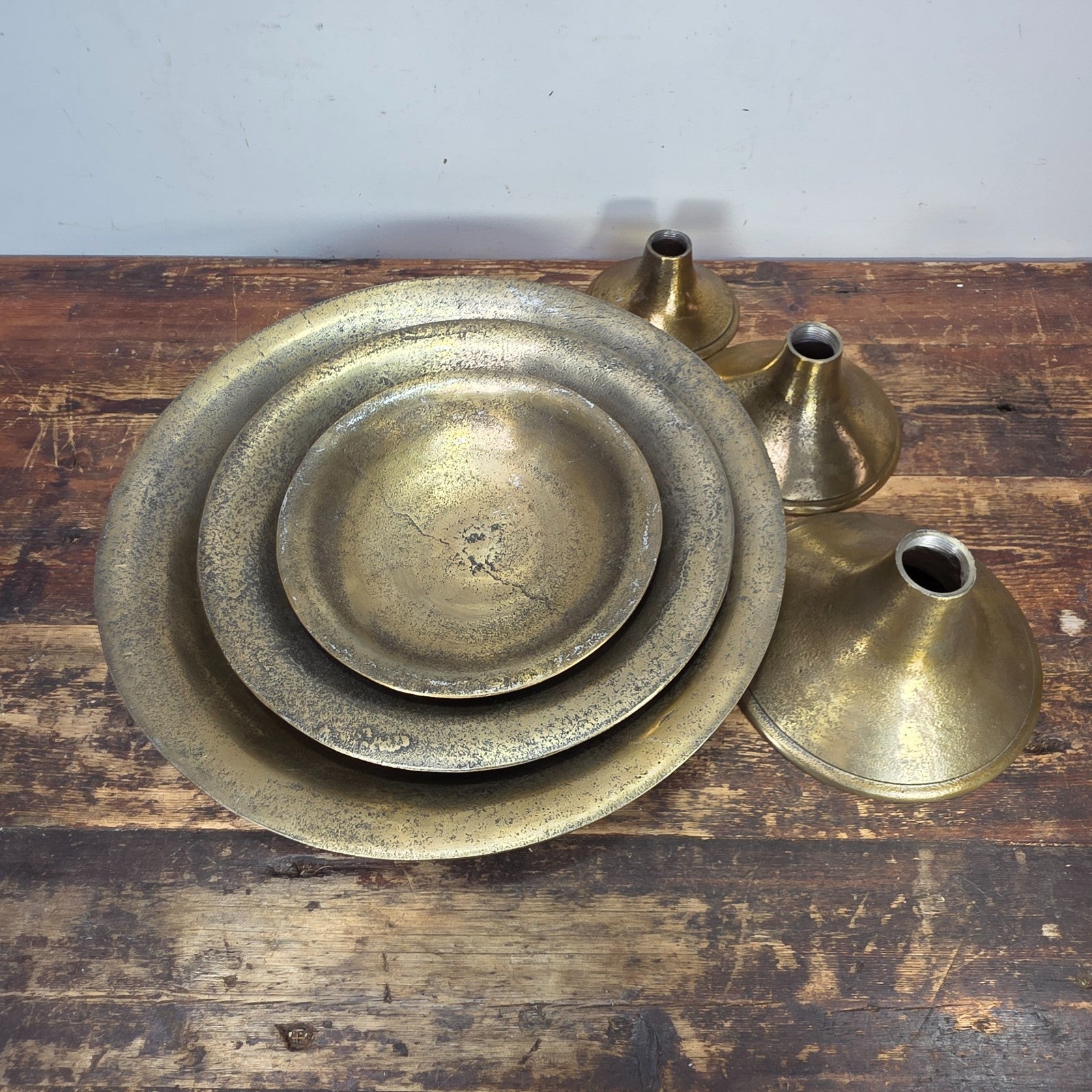 Set of 3 Gold Pedestal Display Dishes — Cast Aluminum, Textured Finish