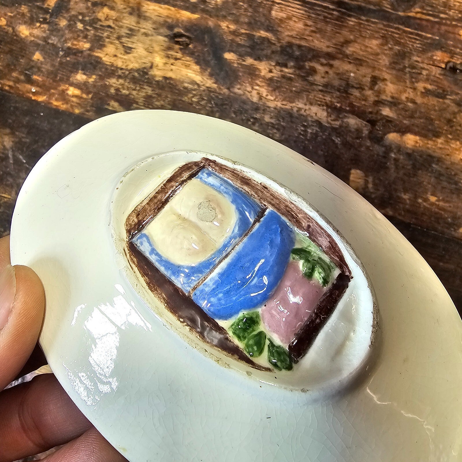 Bernhard Bloch Style Majolica Dish Erotic Theme Reverse side 5.75"L x 3.75"W