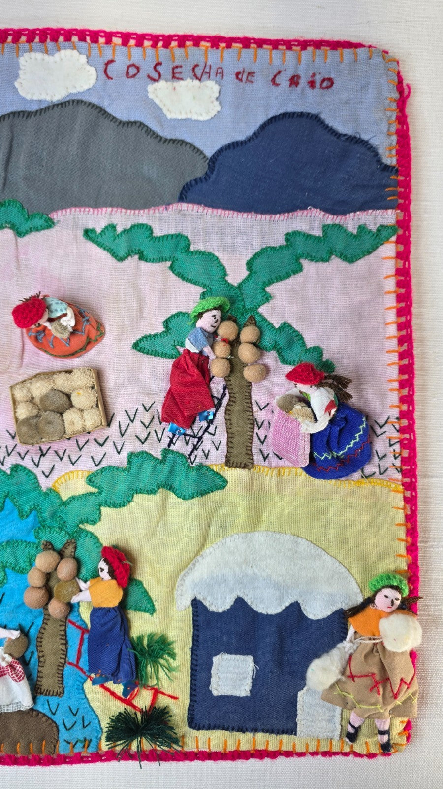 Vintage Peruvian Arpillera Wall Embroidery Textile Art “Cosecha de …” 19"x17"
