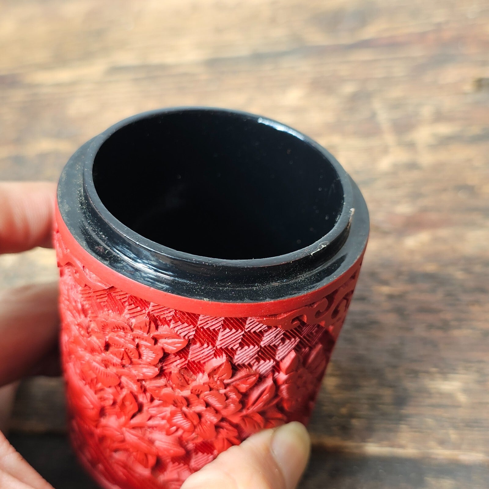 Vintage Chinese Cinnabar Round Canister Jar Kempinski Hotel Beijing in China