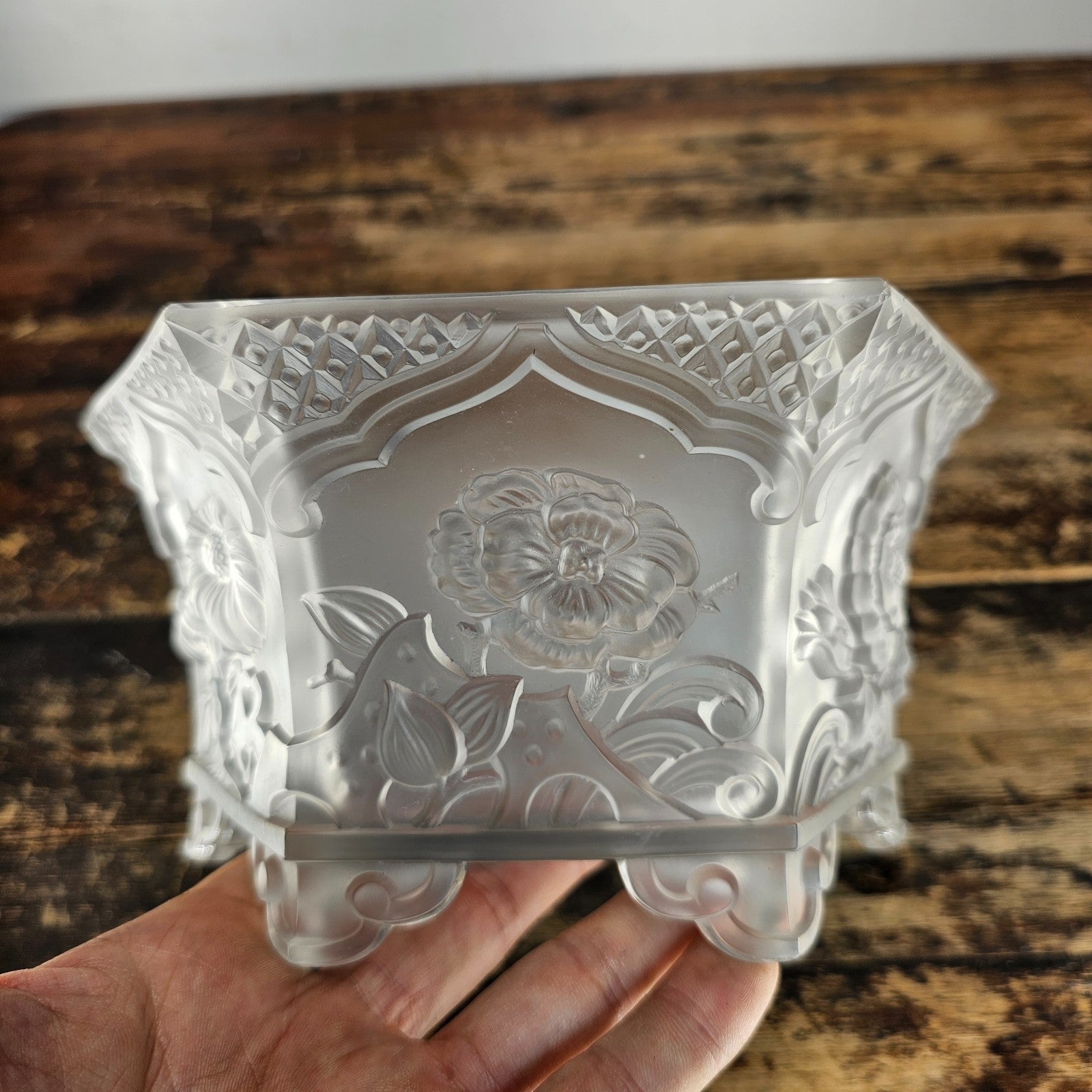 Vintage Verlys America Art Deco Hexagonal Glass Planter / Flower Bowl