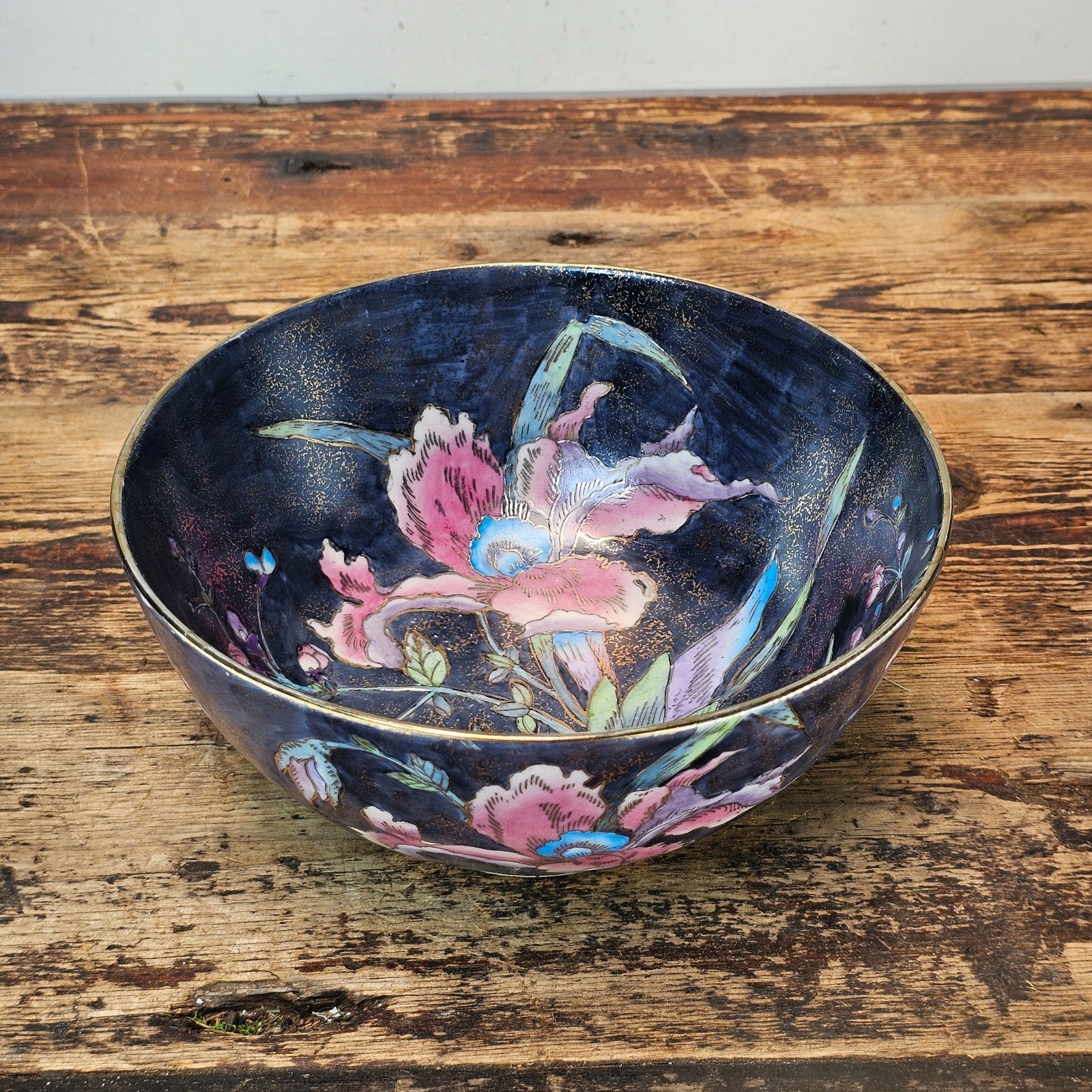 Vintage Chinese Export Ware Porcelain Bowl with Hand-Painted Iris & Gold Leaf