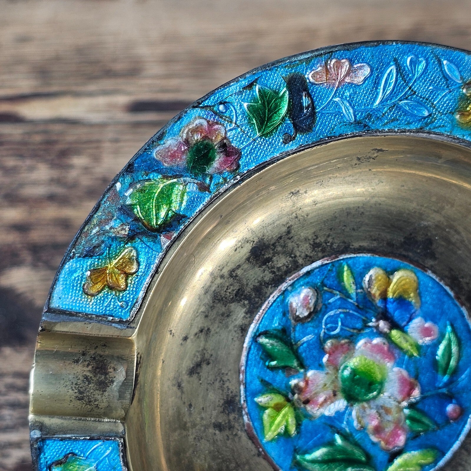 Vintage Chinese Cloisonné Enamel & Brass Ashtray | Ornate Floral Motif 5.25"