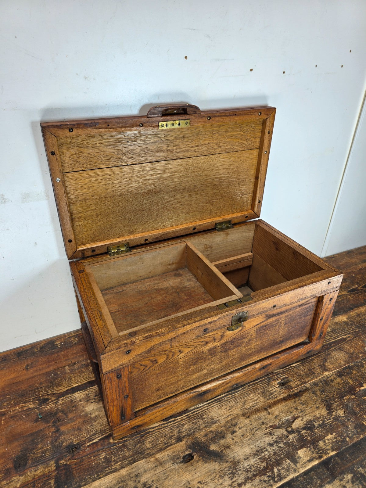 Antique Oak Wooden Tool Box with Brass Hardware & Tray (1920s–40s)