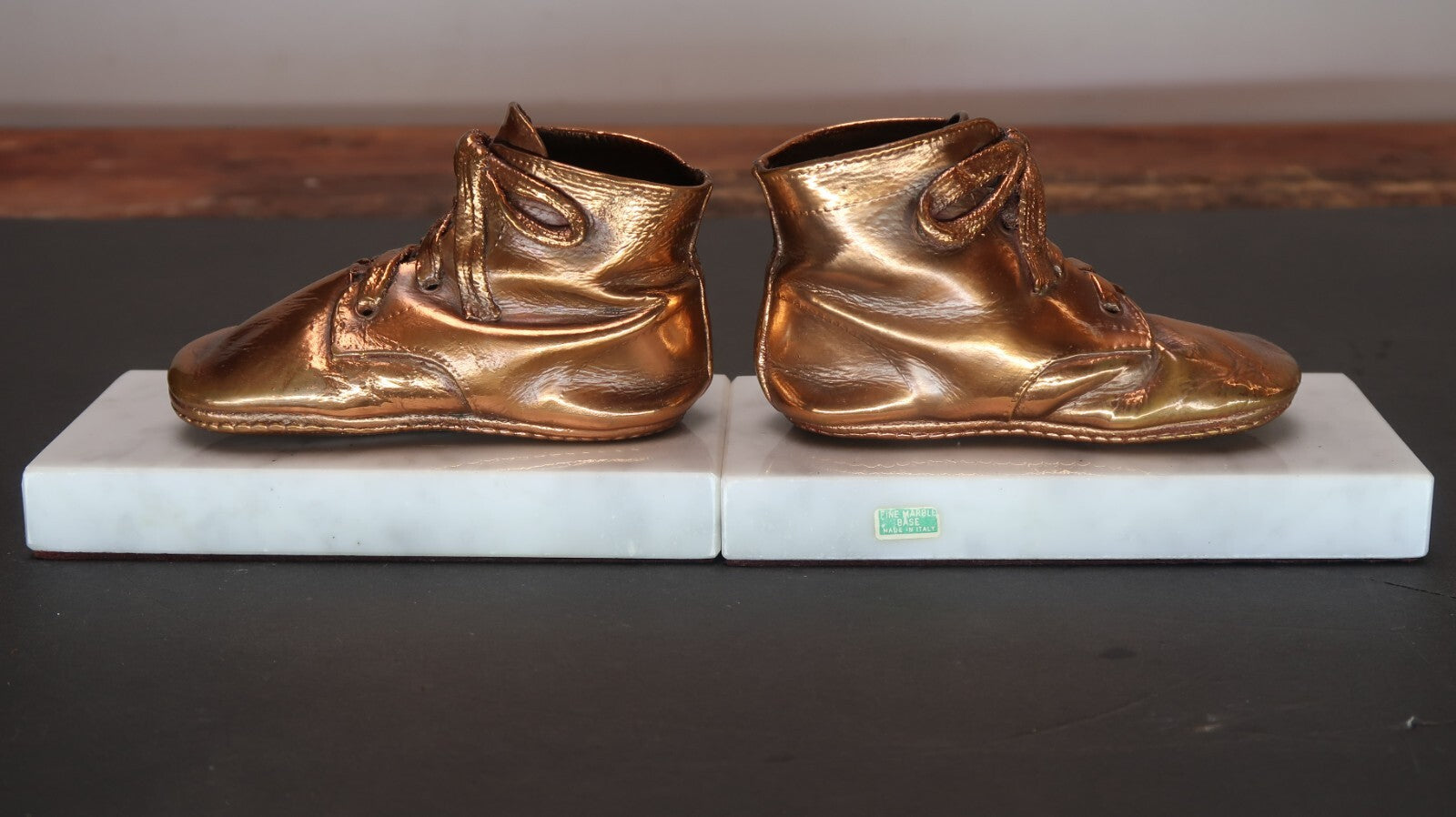 Pair Bronzed Baby Shoes on Marble Base 6" x 3" x H 3.5" Made In Italy Vintage