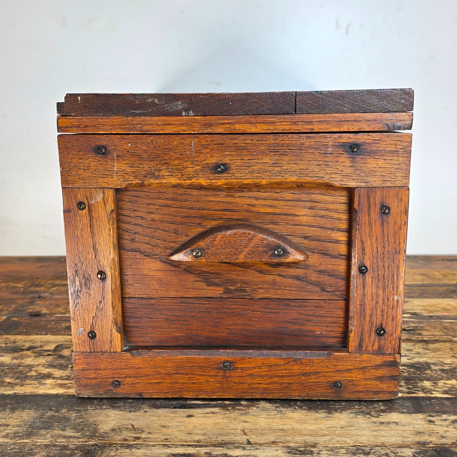 Antique Oak Wooden Tool Box with Brass Hardware & Tray (1920s–40s)