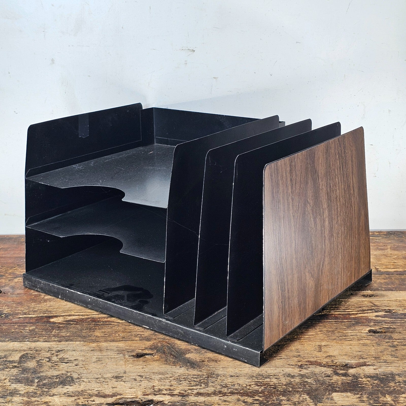 Vintage Mid-Century Hunt Desk Organizer with Wood Grain Finish