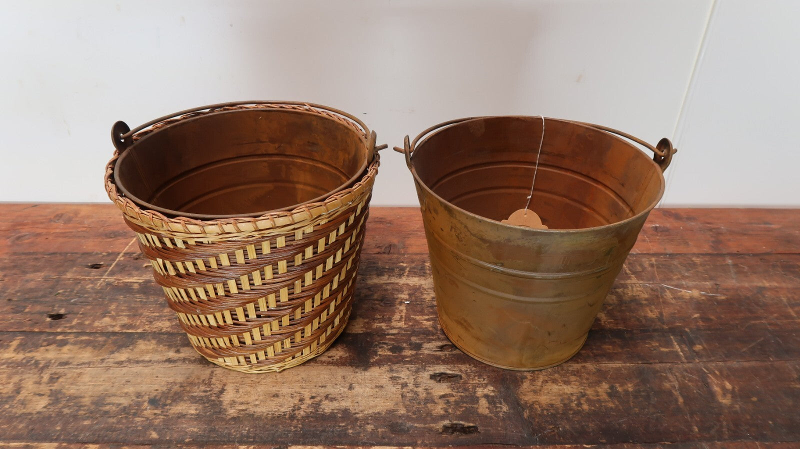 2 Rustic Metal Pails + 1 Wicker Basket 9" x 9" x H 7.5" Plant Pots Trash Cans