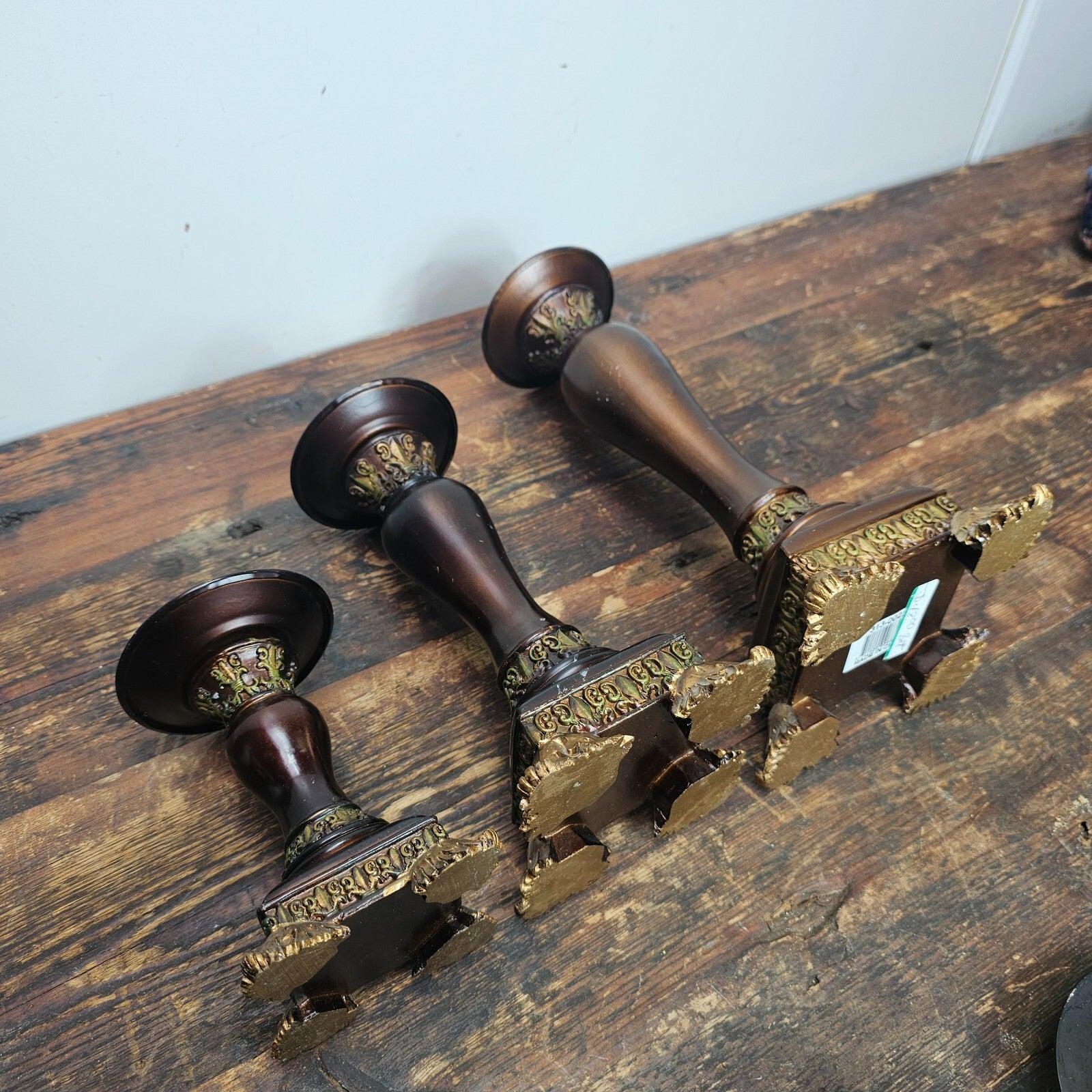 Set of 3 Ornate Resin Candle Holders With Metal Candle Drip Tray