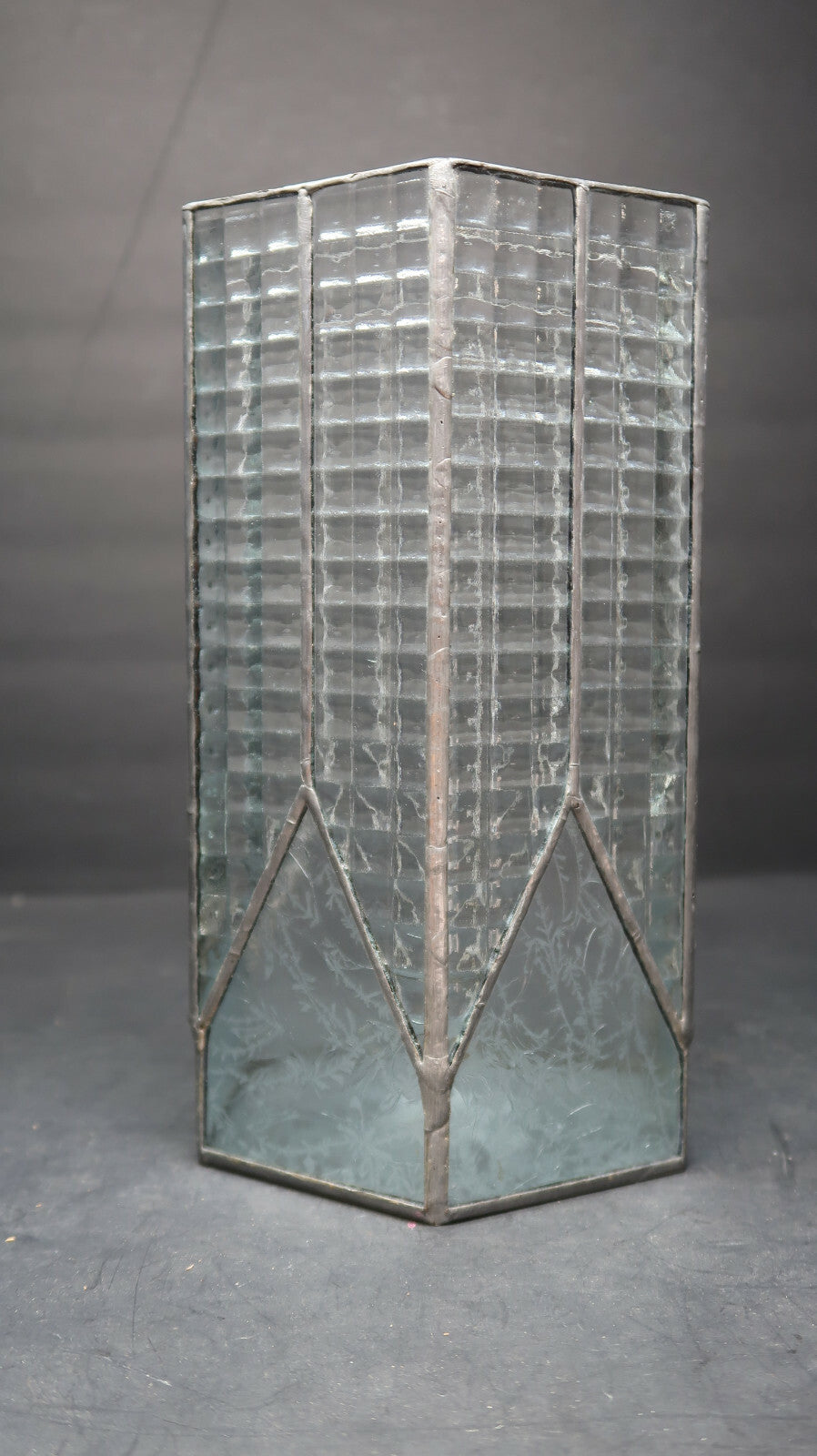 Vintage Leaded Glass Hexagonal Pillar Candle Hurricane Lamp H 10"