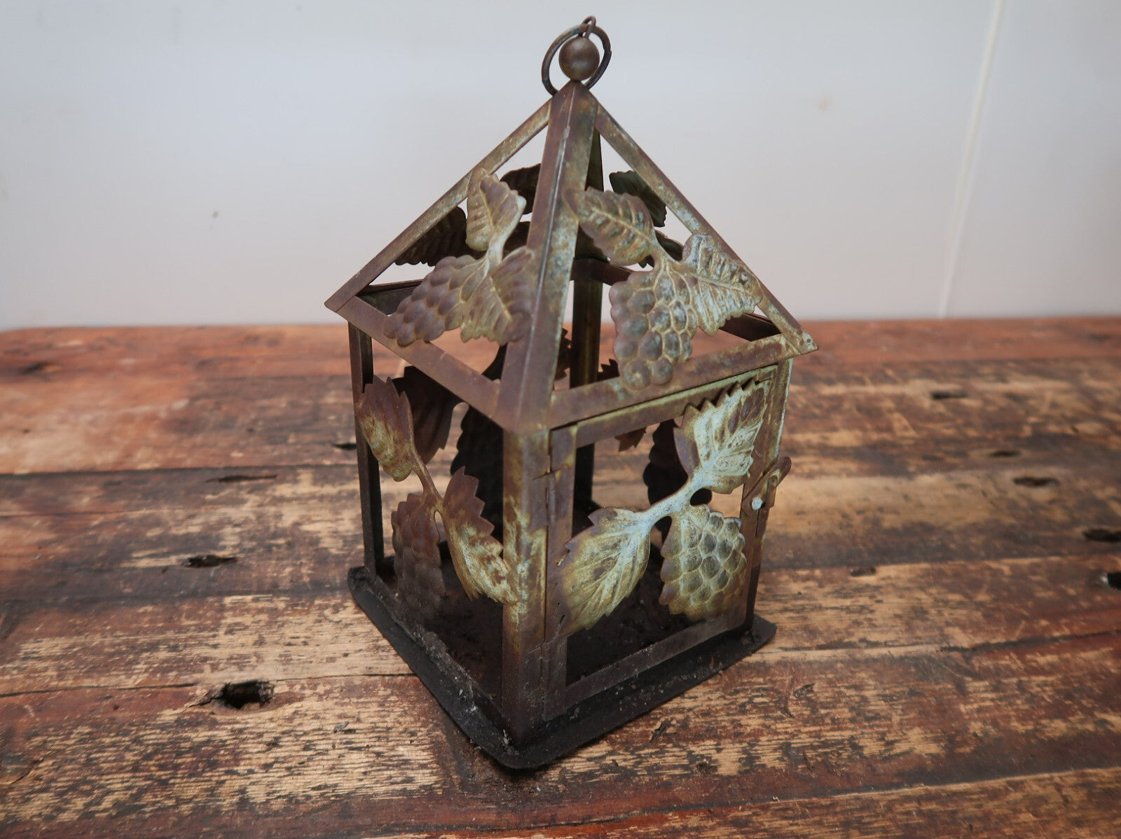 Metal Grape Motif Candle Lantern Weathered Rustic Lantern Patina 6" x 6" x H 10"
