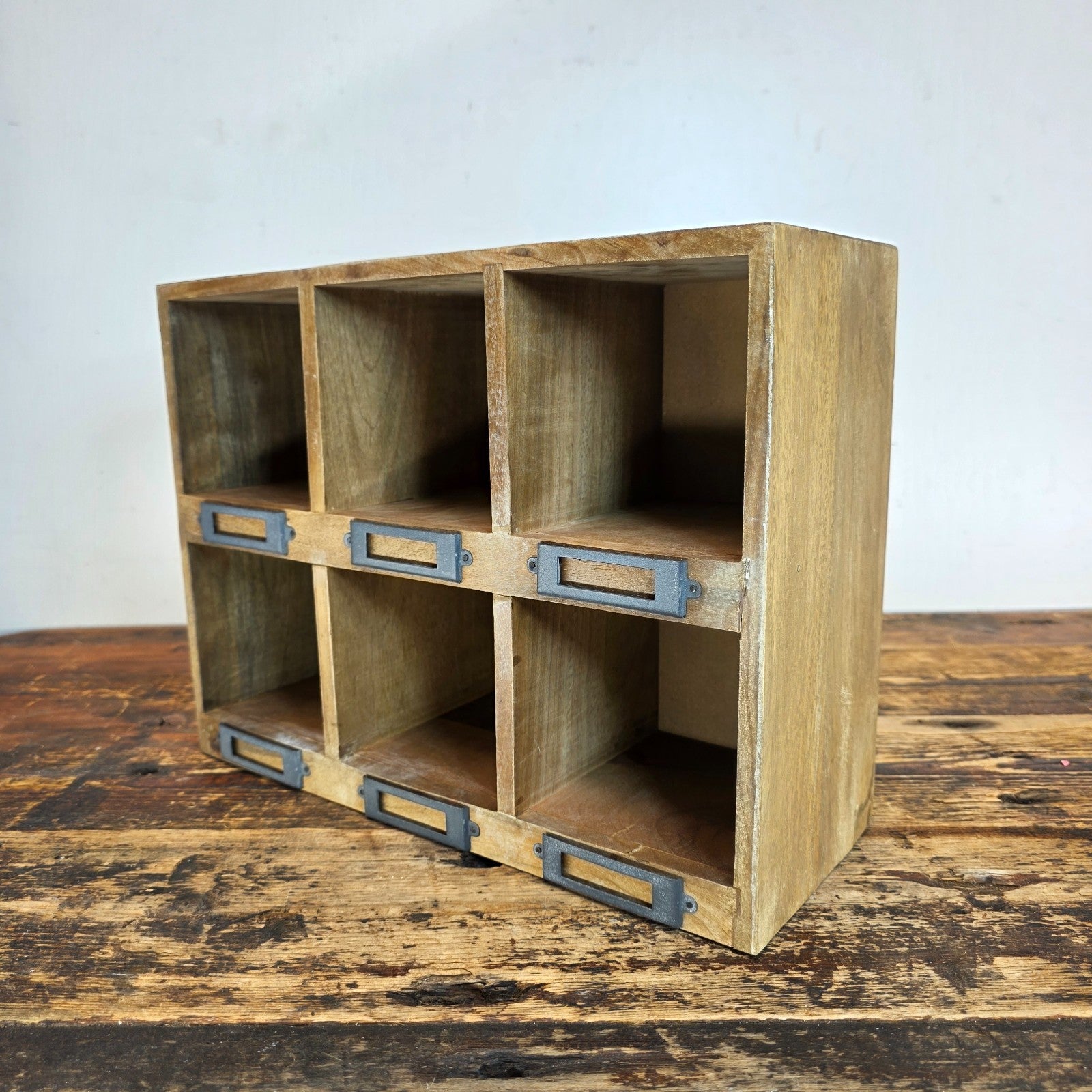 Rustic Wood 6-Cubby Wall Shelf / Desktop Organizer with Metal Label Holders
