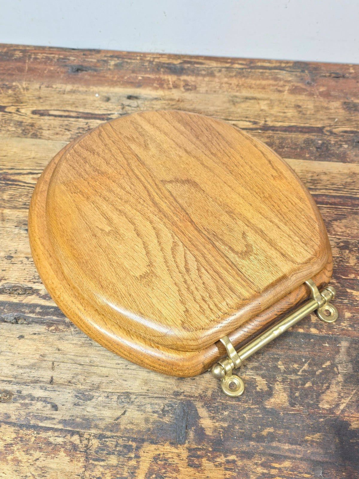 Vintage Solid Oak Toilet Seat w/ Brass Hinges “C.S.” Mark – Made in Taiwan R.O.C
