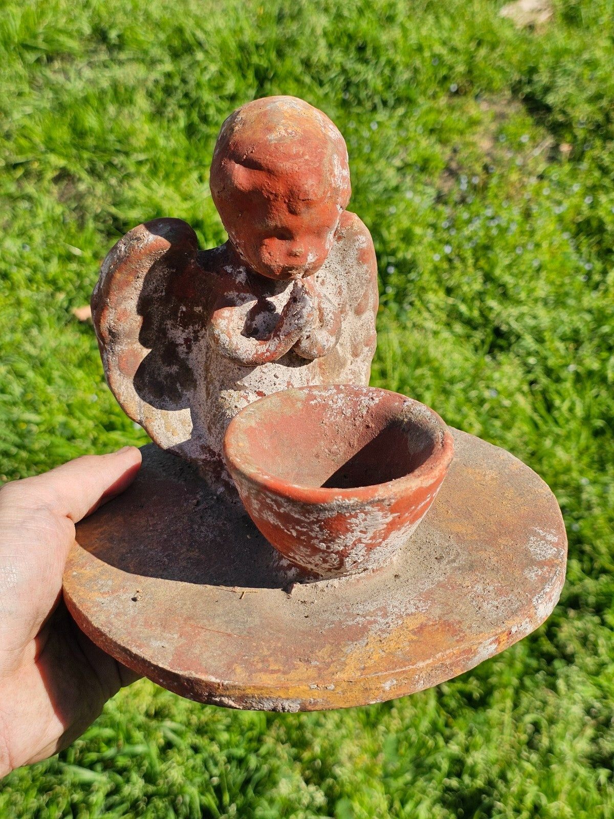 Clay Cherub Angel Candle Holder Copal Burning Bowl 7.5"Diam x 6.5"H