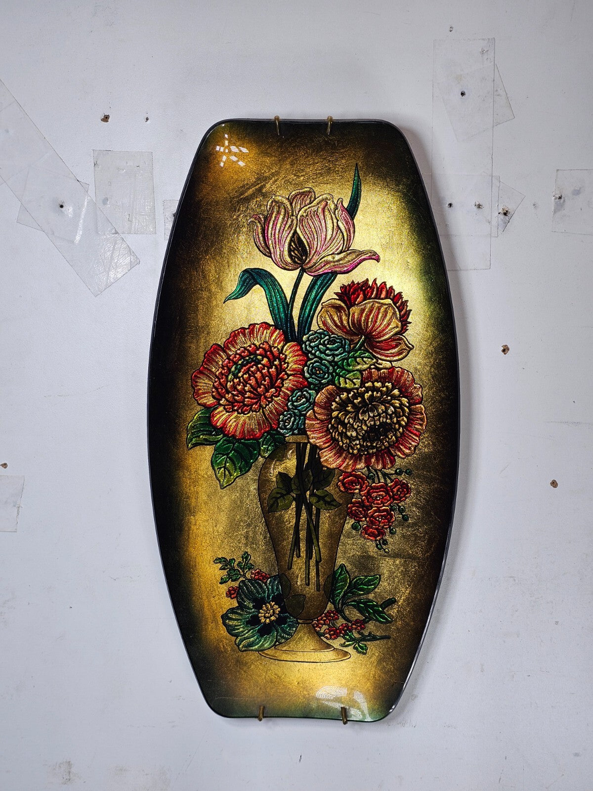 Vintage Reverse Paint  Decorative Plate Floral Design 1950s 18.5" x 9.5" x 1.5"