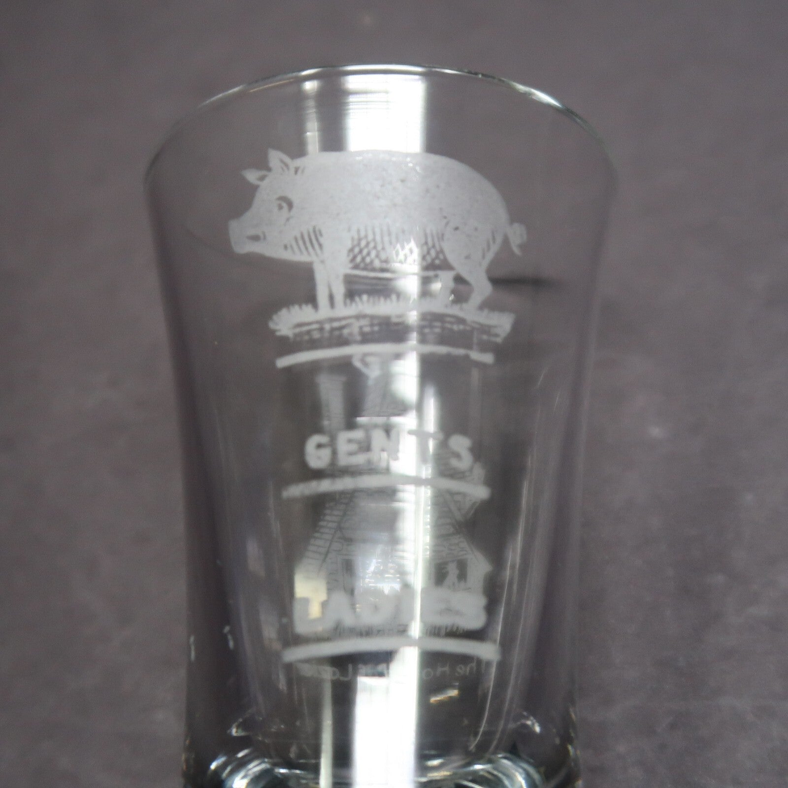 " Pig Gents Ladies " & " The House of Lazier " Etched Shot Glass H 3.3"
