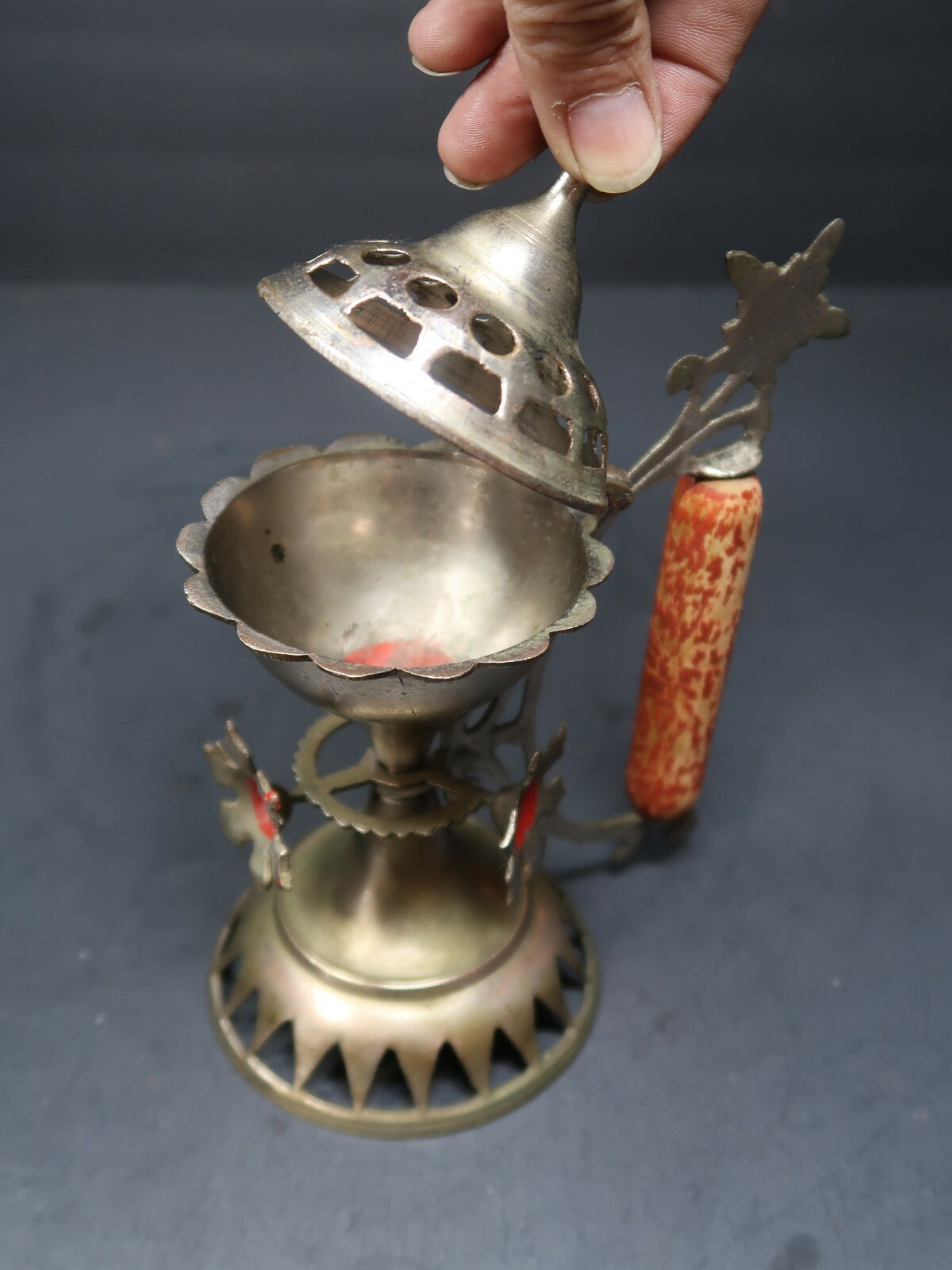 Antique India Metal Incense Burner With Wooden Red Handle 7" Tall