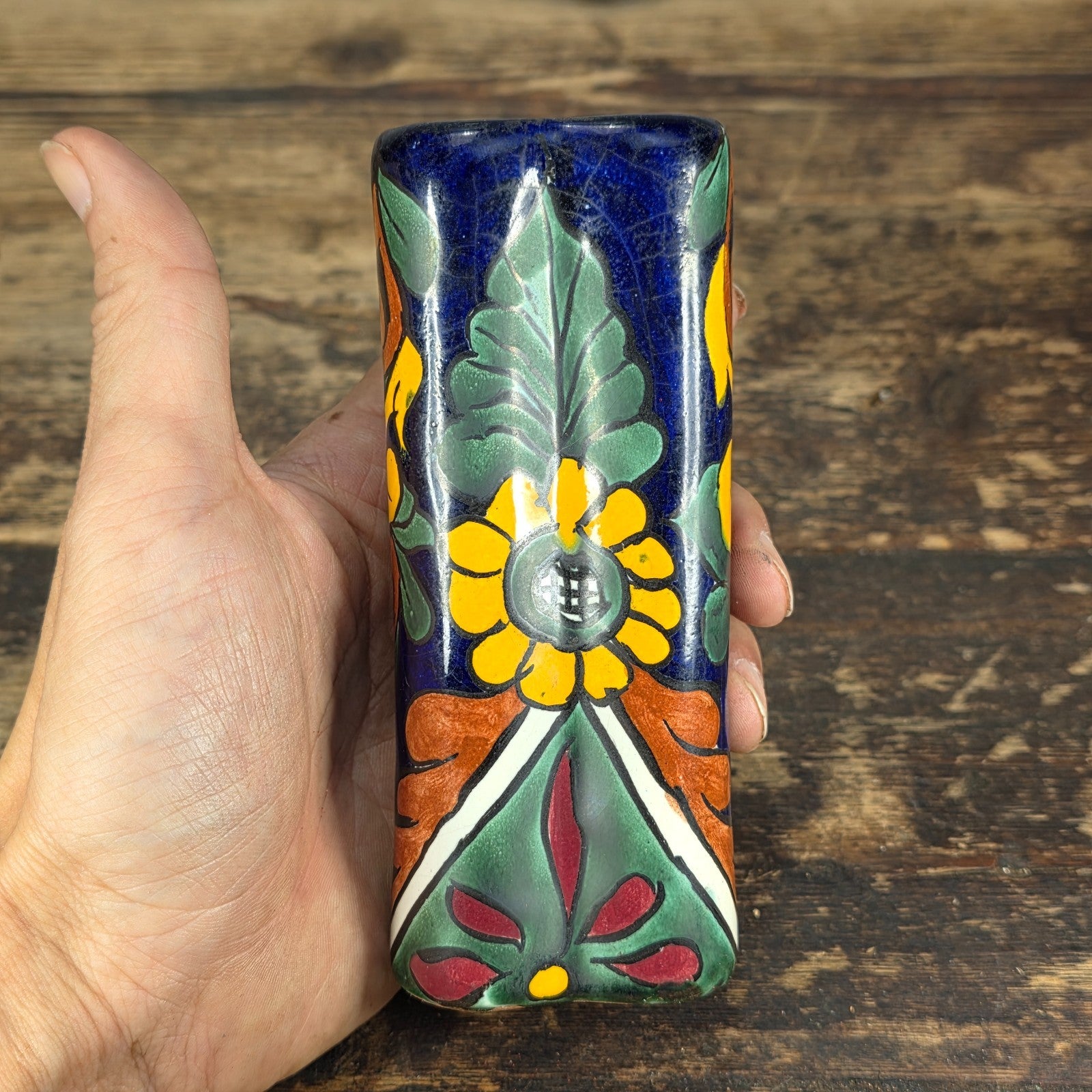 Vintage Talavera Mexico Heart Vase – Hand Painted Folk Art Ceramic 5.5"H