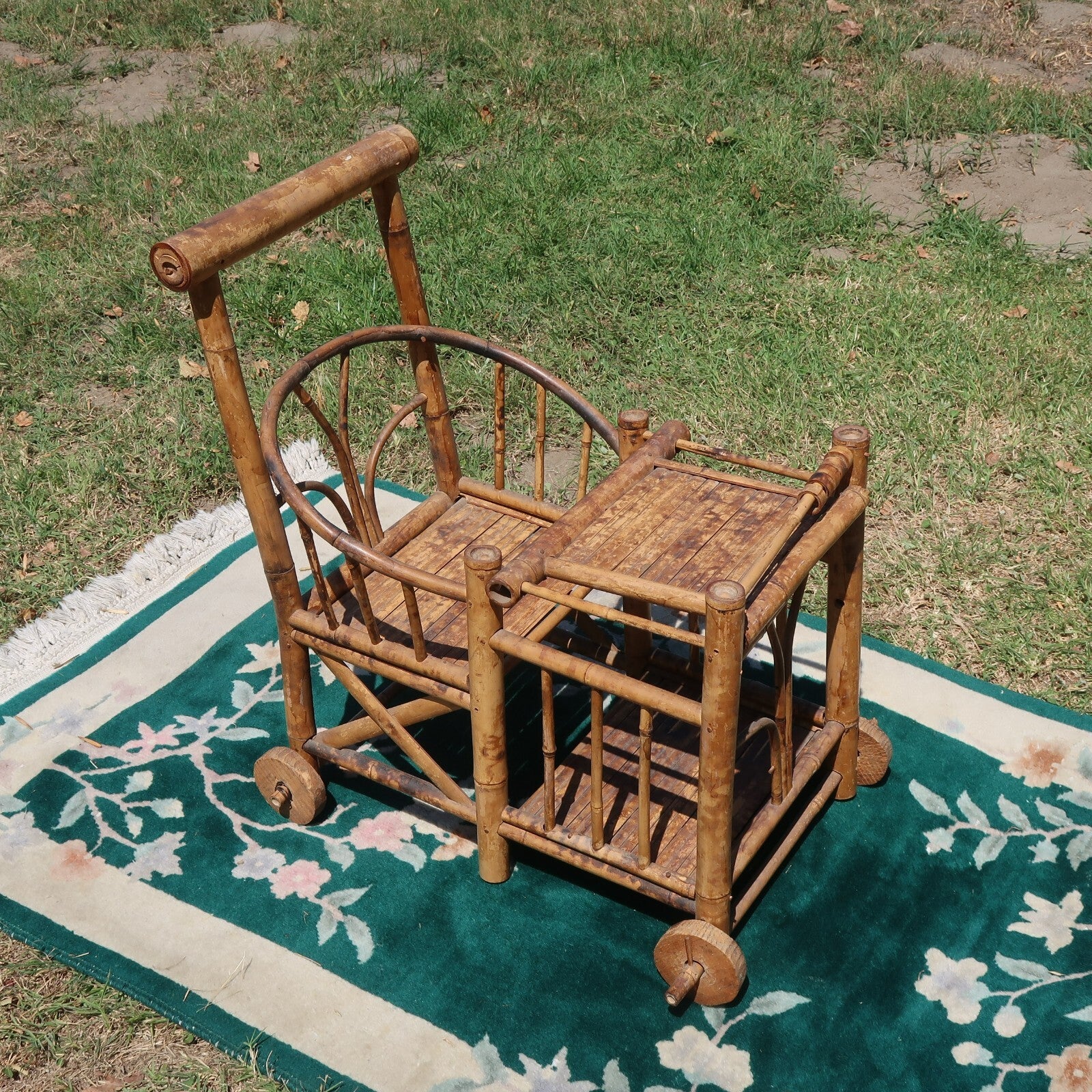 1970s Spanish Bamboo Wheeled Children's Trolley / Garden Plant Stand Holder