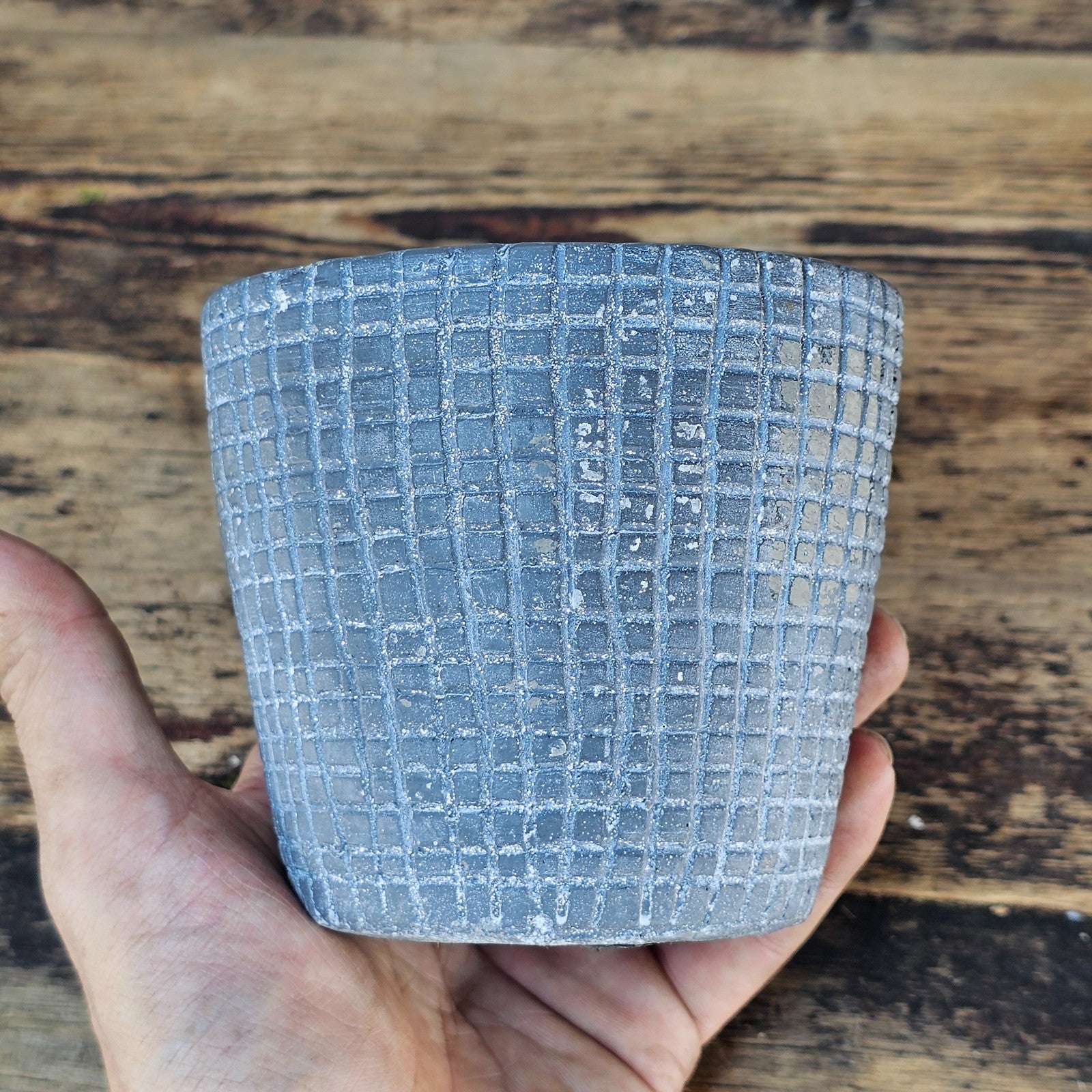 Small Concrete Planter Pot - Waffle Grid Texture, Industrial Brutalist Style