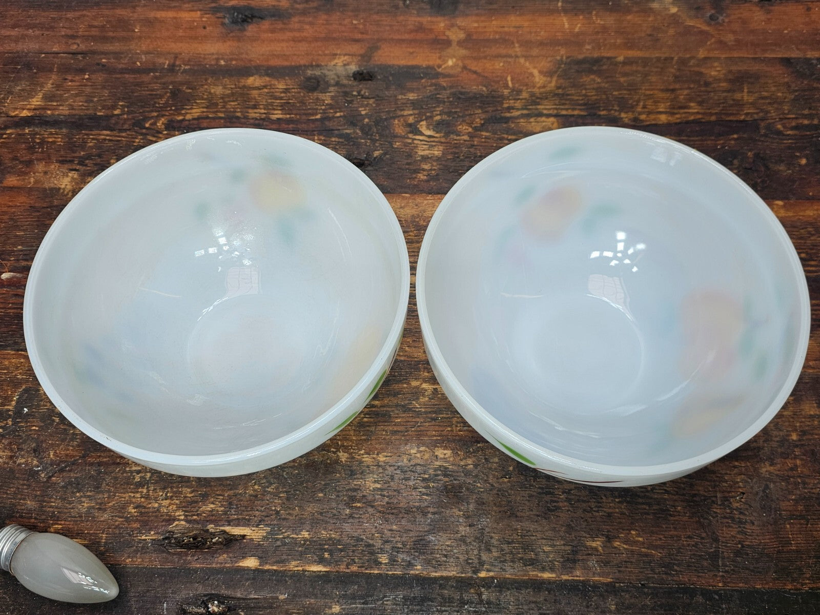 Set of 4 Fire King Gay Fad Fruit Pattern Mixing Bowls 2 Large & 2 Medium Bowls
