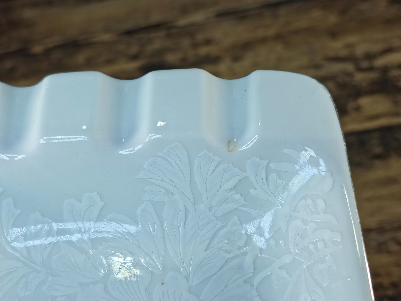 Kutani Japan White Porcelain Ashtray with Raised Chrysanthemum & Silver Trim