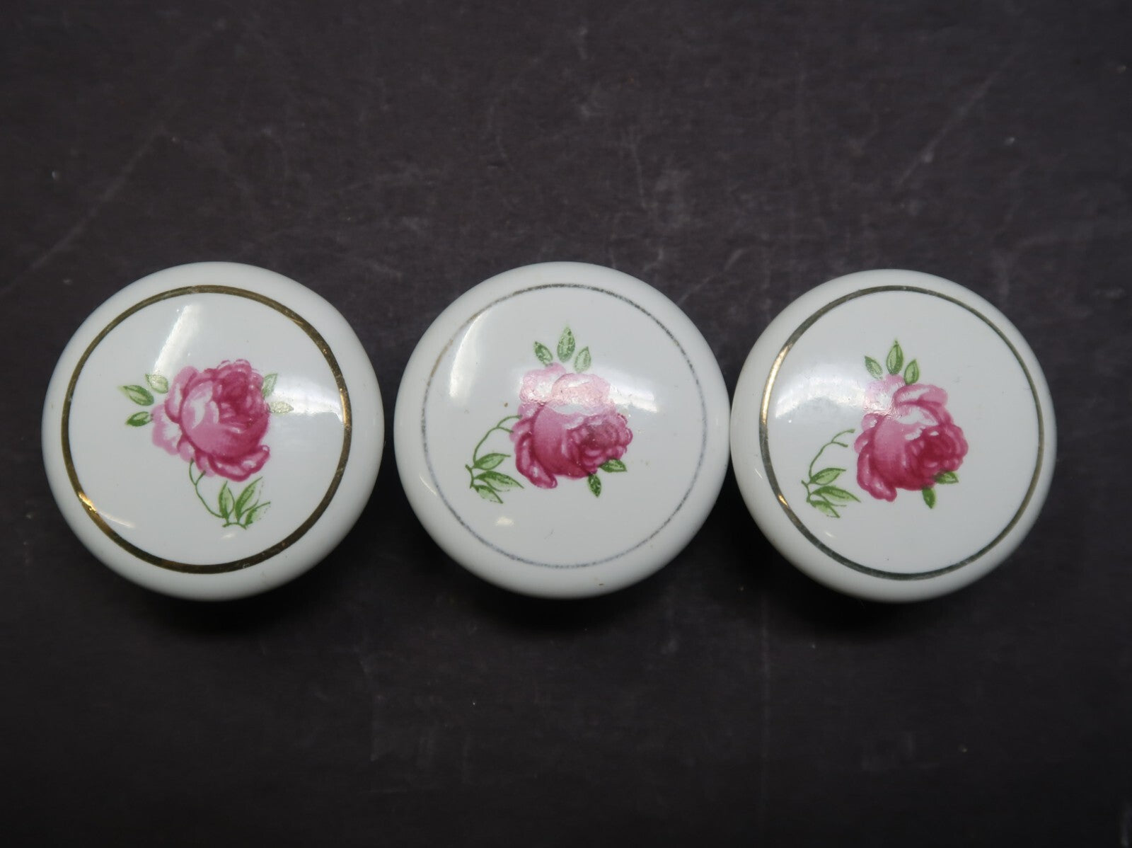 Set of 3 Vintage Round White Porcelain Cabinet Drawer Pulls Rose Japan Made (B)