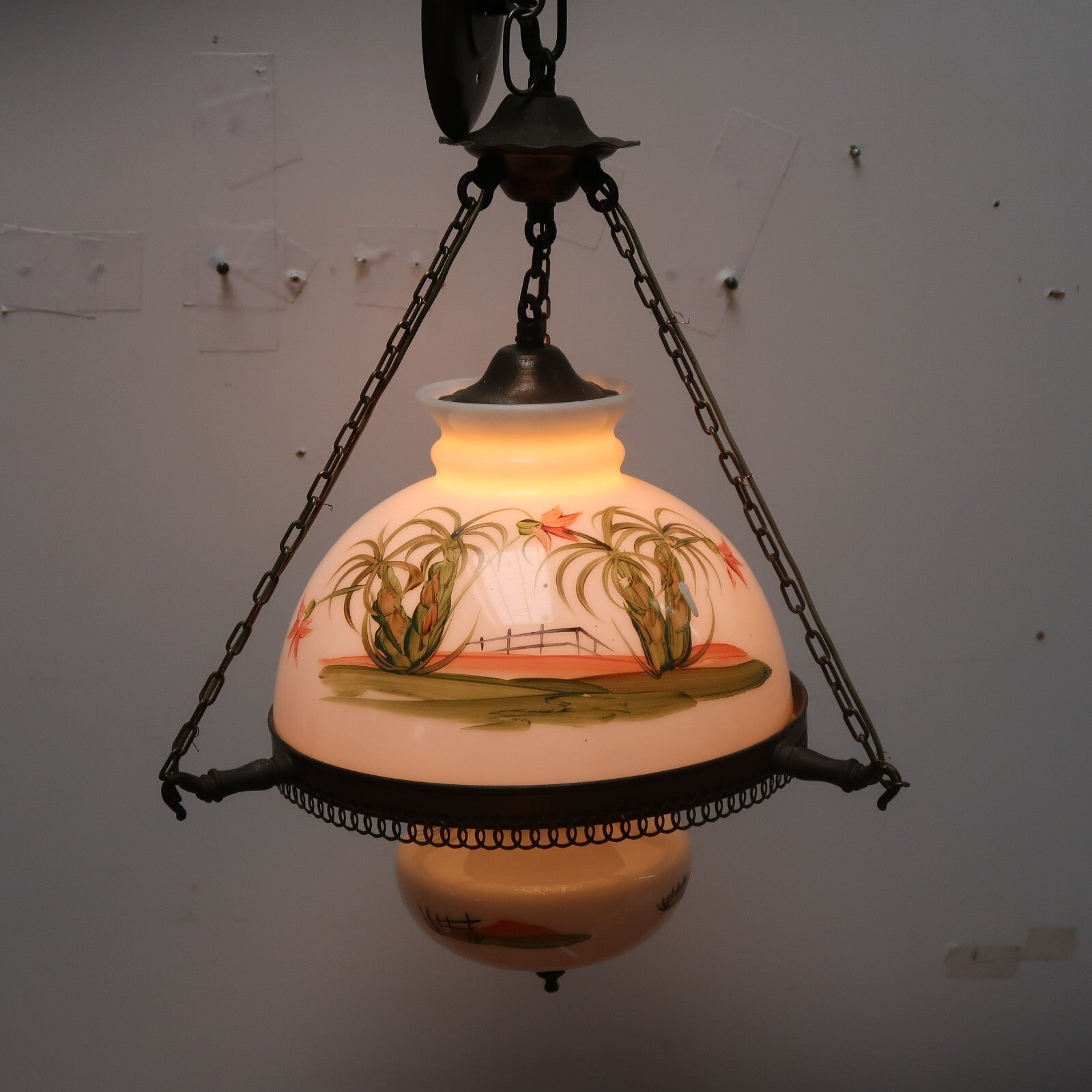 Vintage Hand Painted Shade Pendant Ceiling Fixture