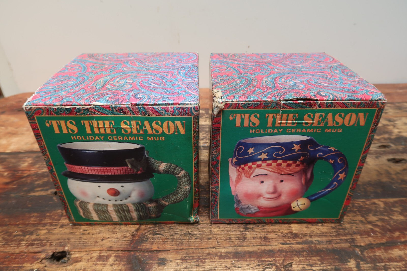 Set of 2 Tis The Season Holiday Ceramic Mug Snowman & Elf 20 oz.