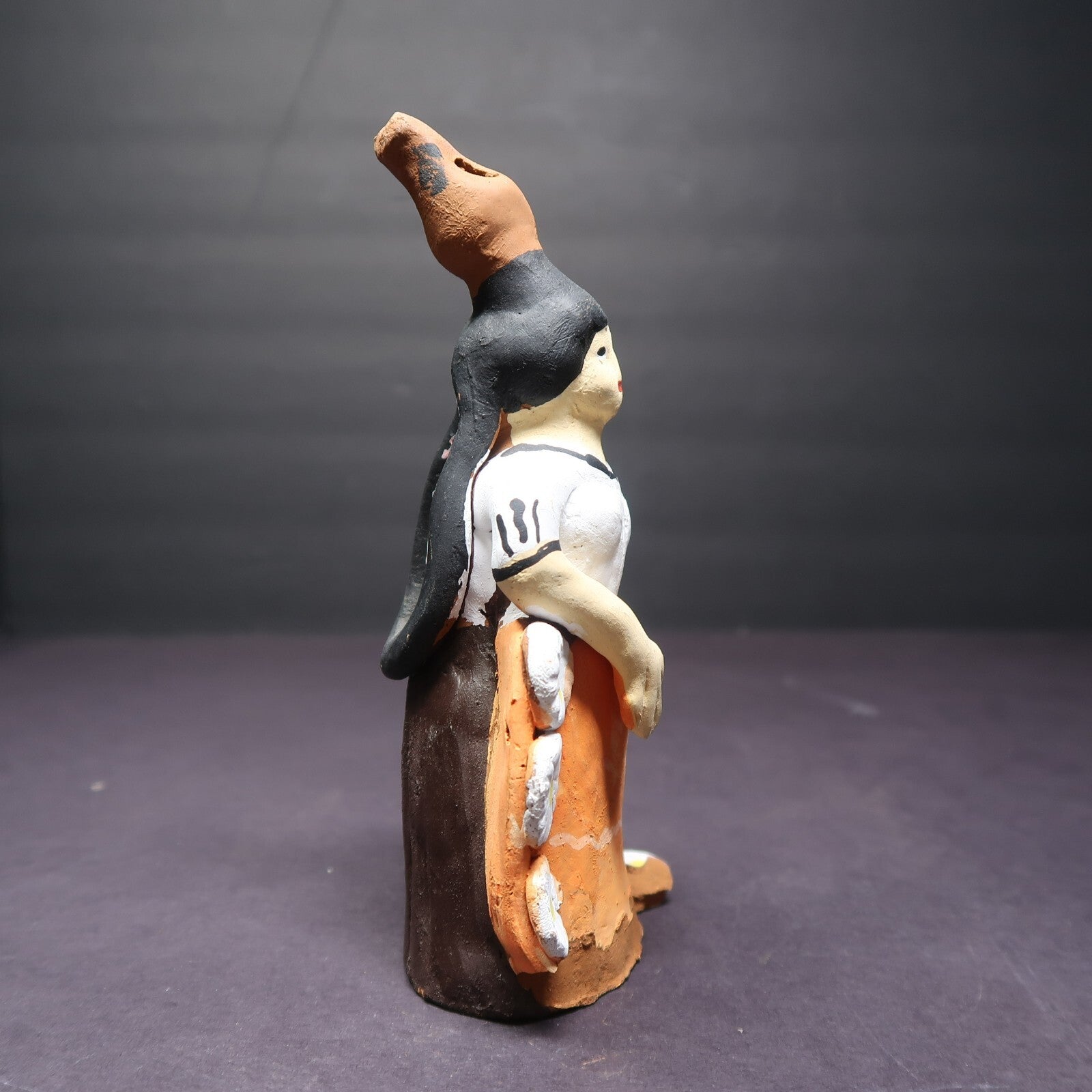 Vintage Hand Crafted Clay Pottery Flute Whistle Doll H 6.5"