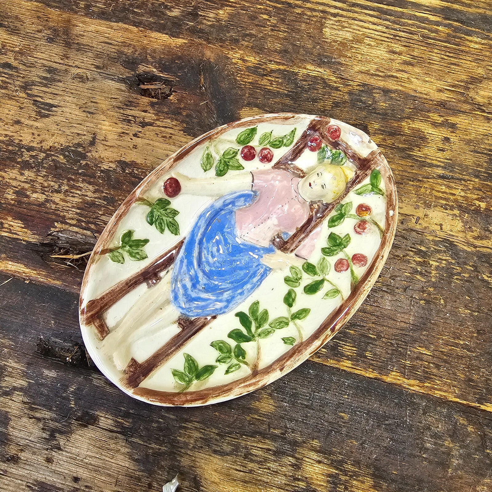 Bernhard Bloch Style Majolica Dish Erotic Theme Reverse side 5.75"L x 3.75"W