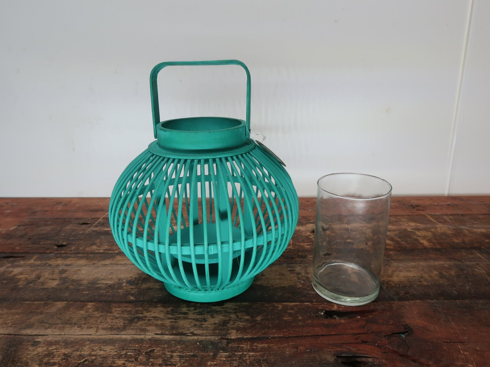 Green Bamboo Candle Lantern With Handle 10" x 10" x H 8.5"