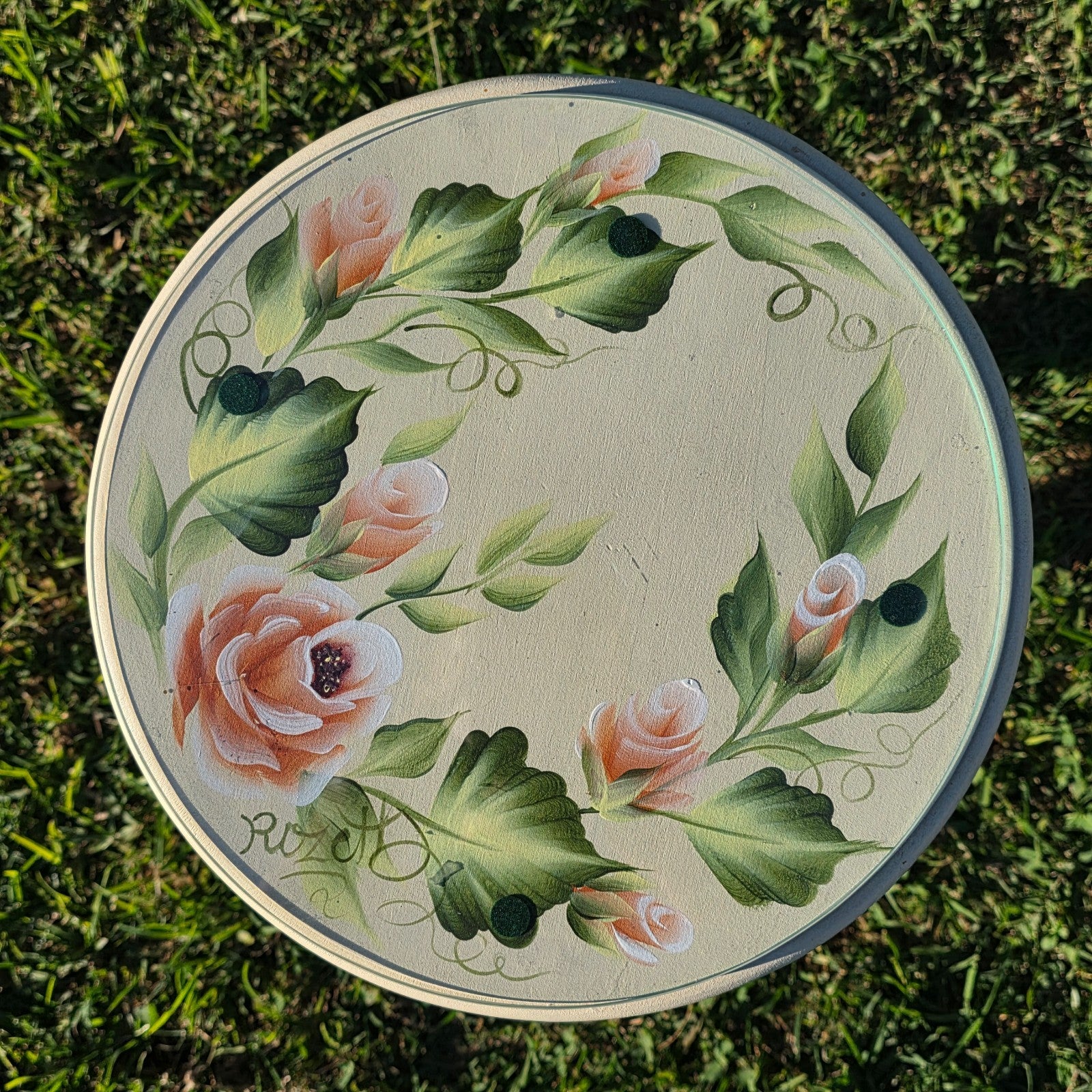 Hand Painted Floral Accent Table Signed Rosetta w/ Glass Top 22"
