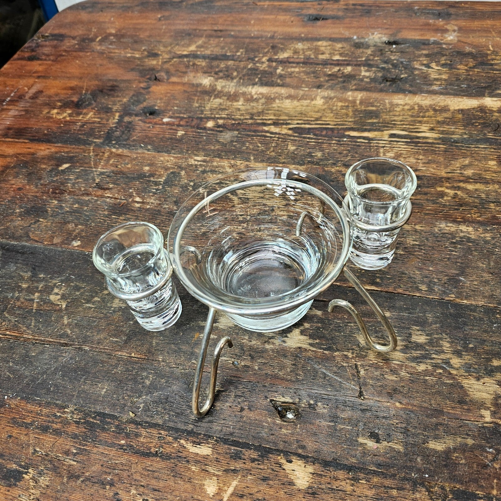Mid Century Modern Anchor Hocking Glass Set Silver Plated Holder Stand