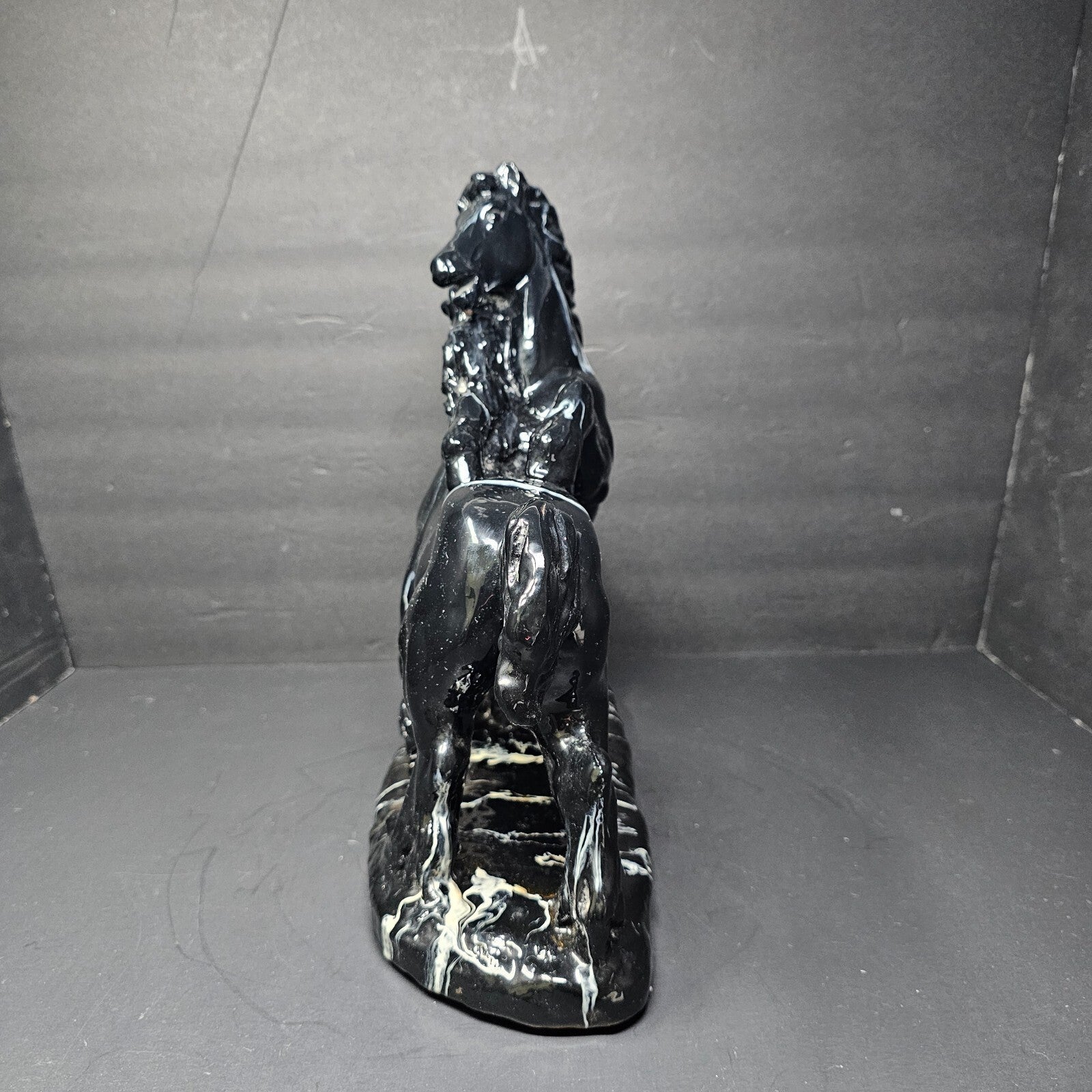 Two Black Stallions Sculpture Glazed Plaster Marble Swirl Statue Vintage