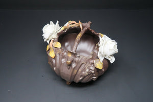 Vintage Art Pottery Basket White Roses approx H 5" x W 6"